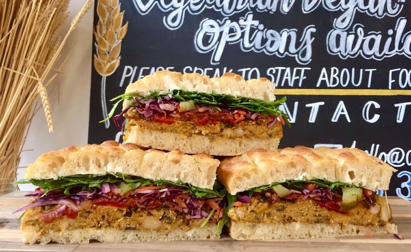 Vegan patty sandwich on Foccacia from Assembly Bakery